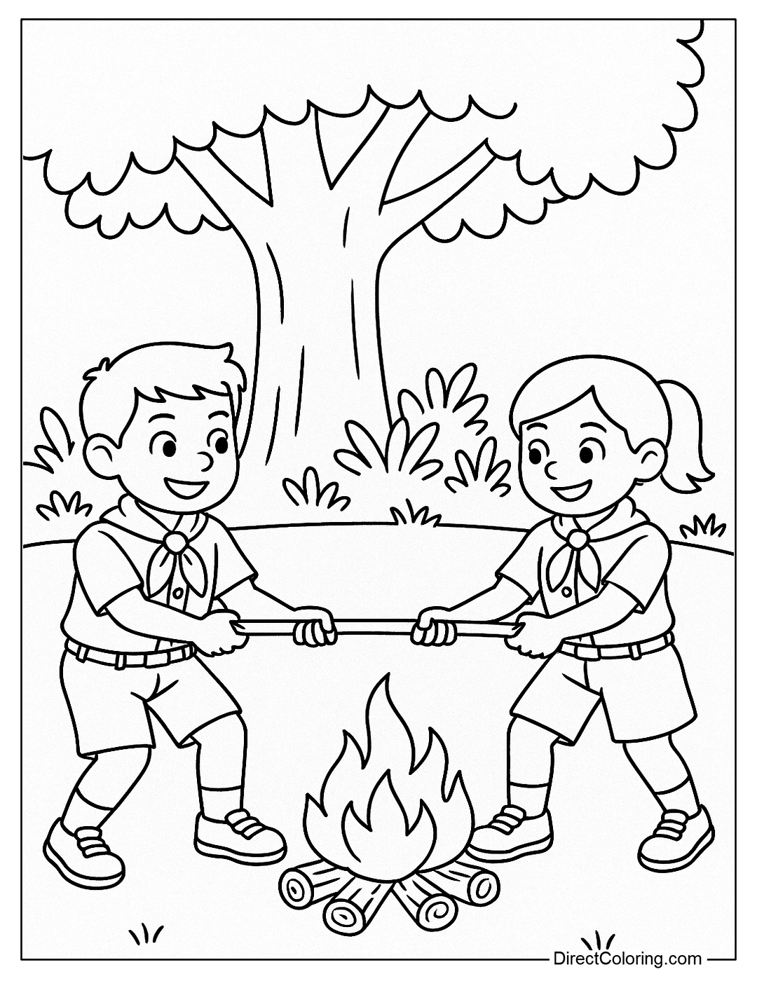 A coloring page of two teams of campers playing tug of war under a large tree